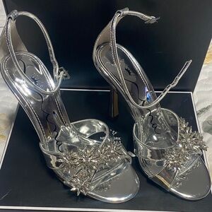 Nina Silver Strappy Heels with Embellishments